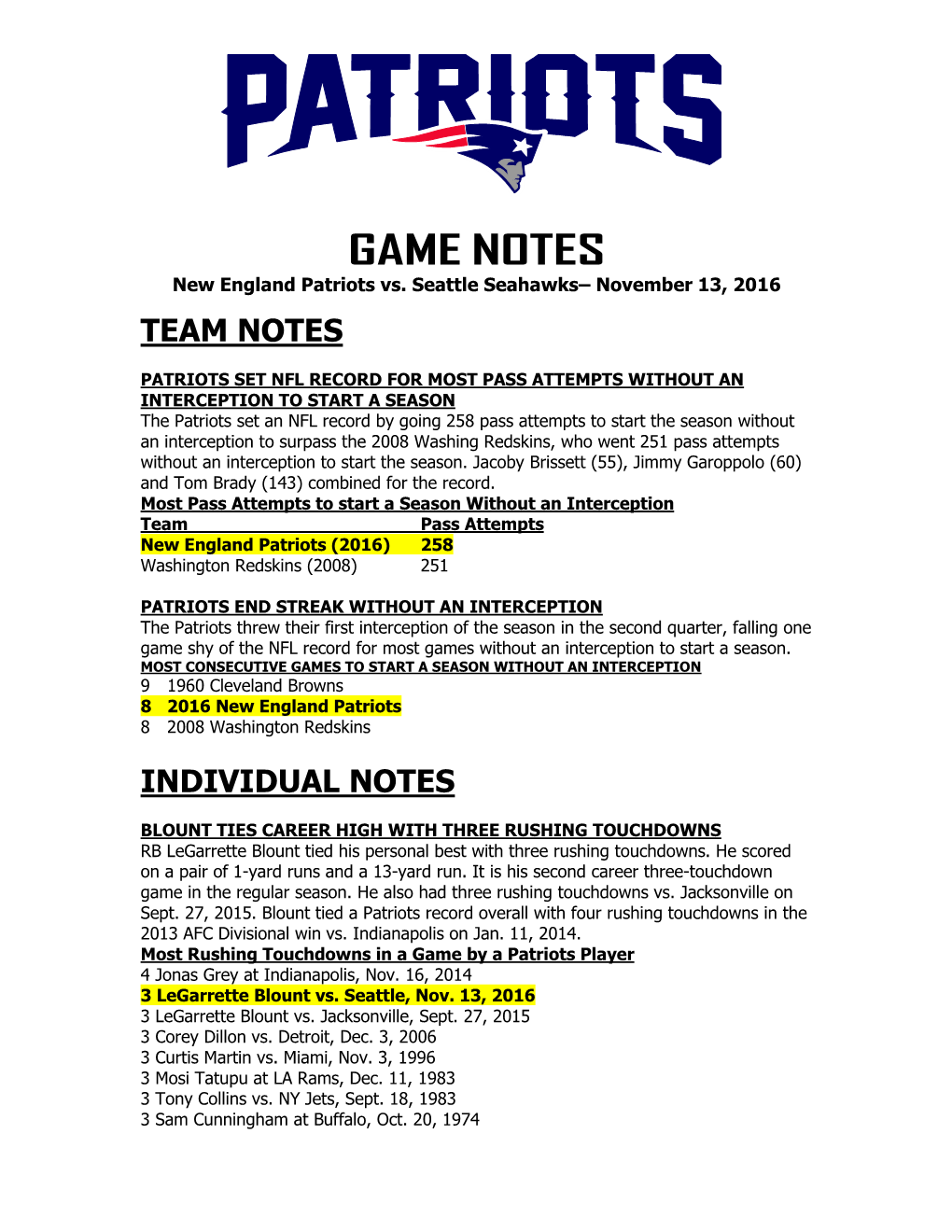 Patriots at Philadelphia Game Notes