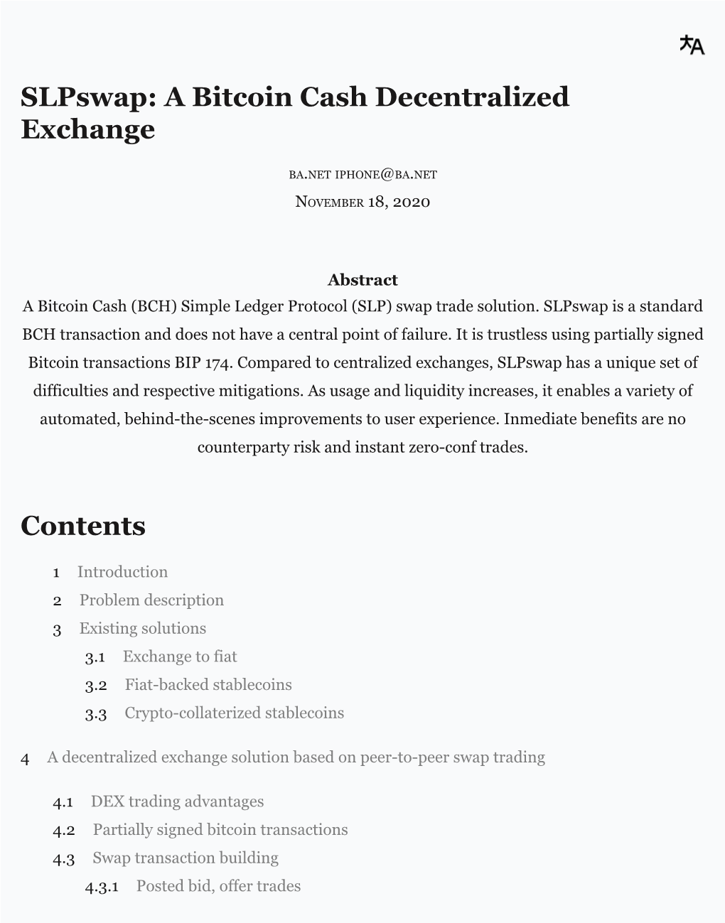Slpswap: a Bitcoin Cash Decentralized Exchange Contents