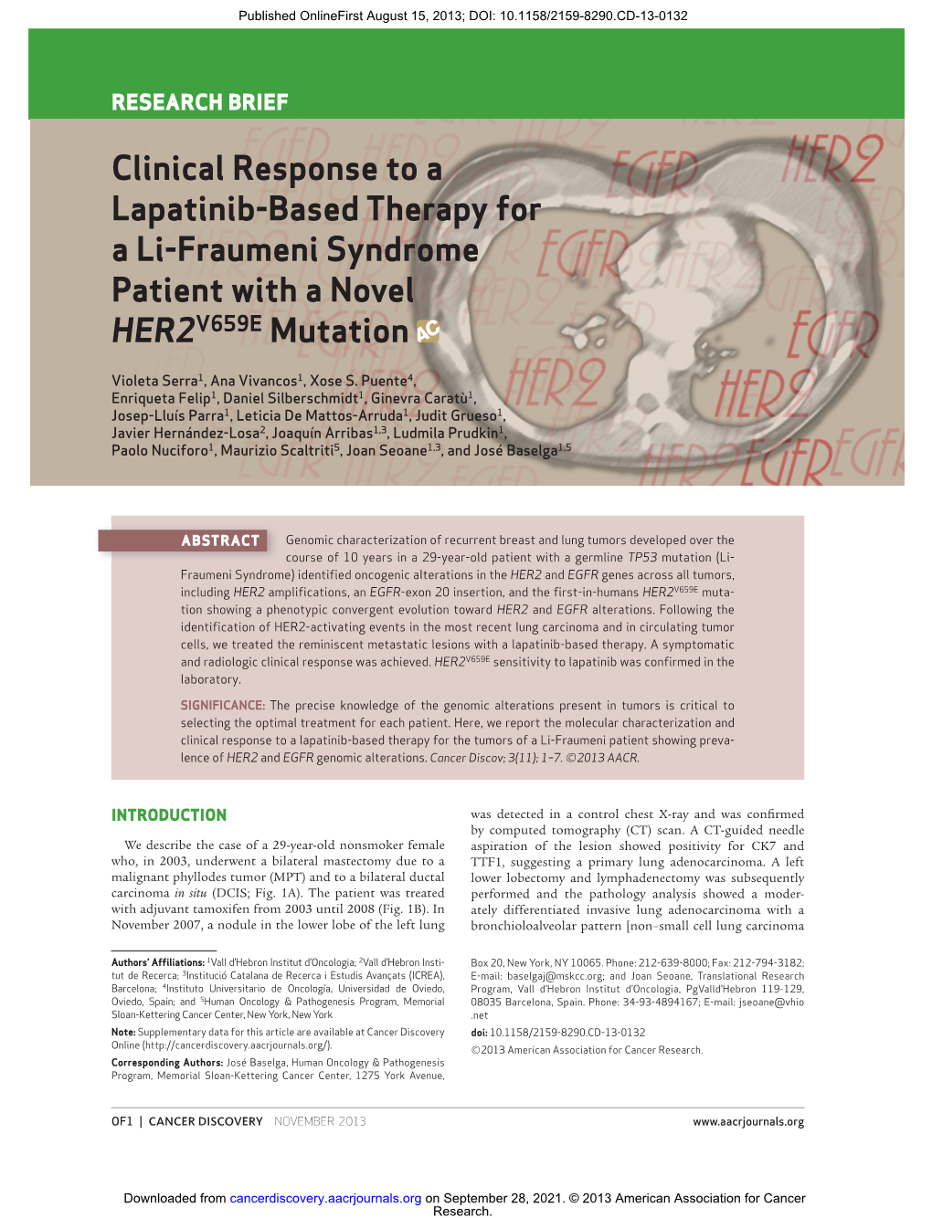 Clinical Response to a Lapatinib-Based Therapy for a Li-Fraumeni Syndrome Patient with a Novel HER2 V659E Mutation