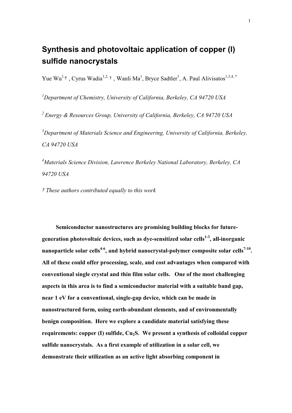 Synthesis and Photovoltaic Application of Coper (I) Sulfide Nanocrystals