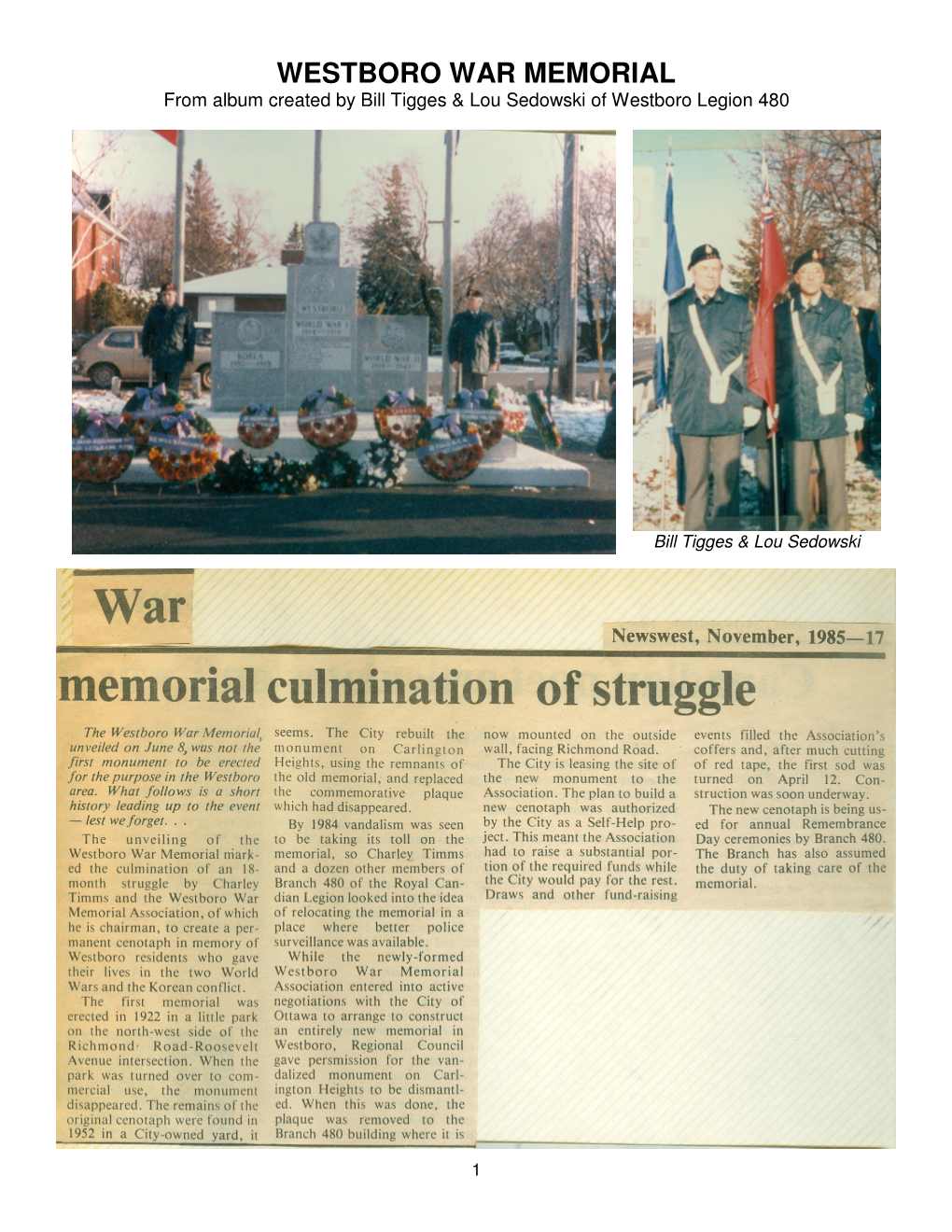WESTBORO WAR MEMORIAL from Album Created by Bill Tigges & Lou Sedowski of Westboro Legion 480