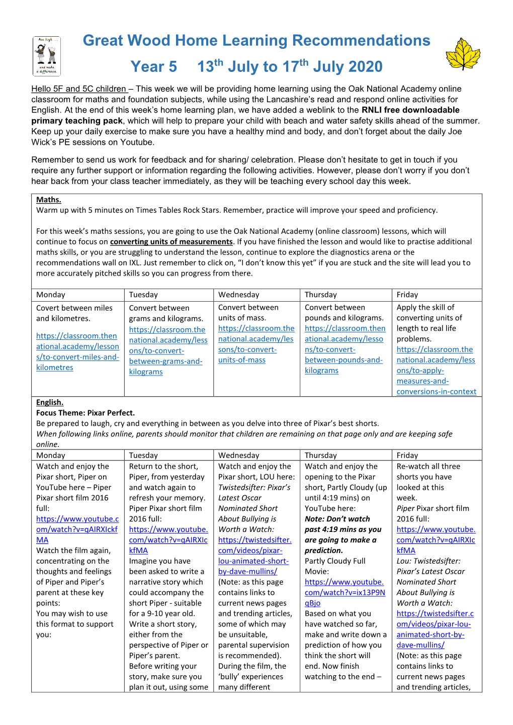 Year 5 – Home Learning 13Th – 17Th July