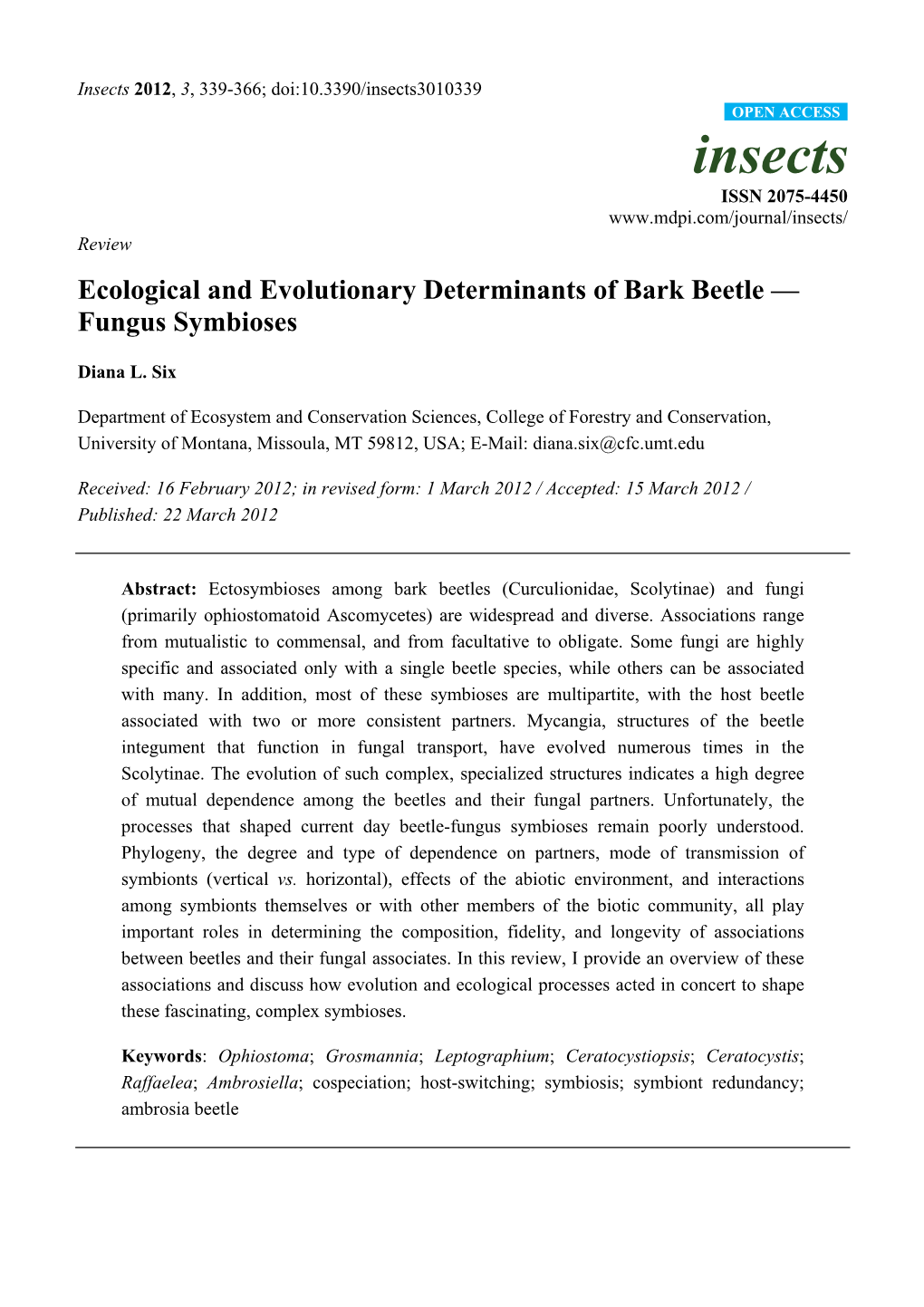 Ecological and Evolutionary Determinants of Bark Beetle — Fungus Symbioses