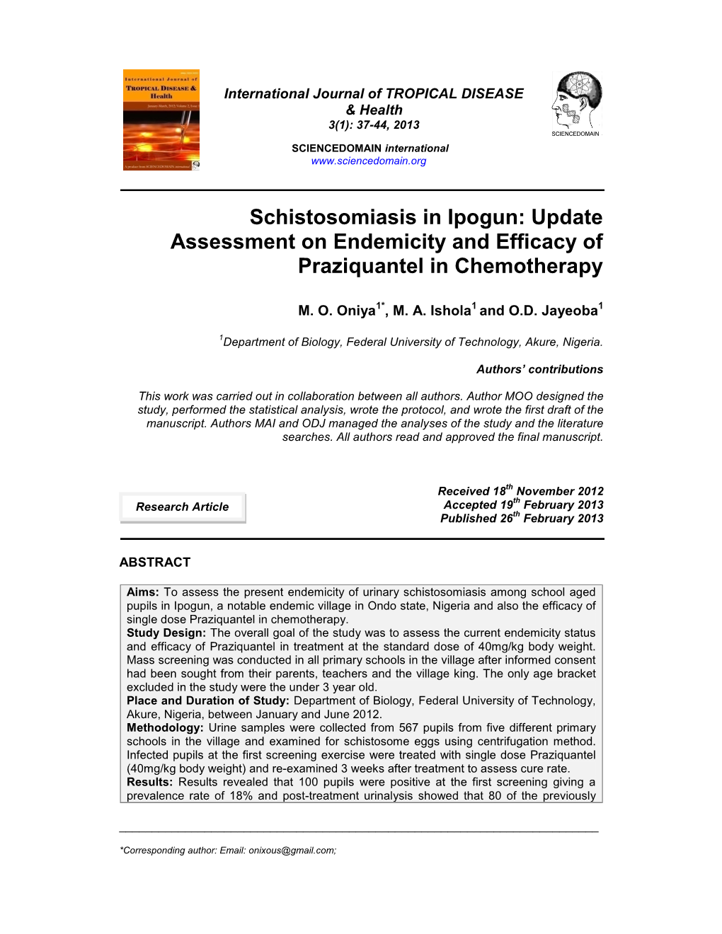 Schistosomiasis in Ipogun: Update Assessment on Endemicity and Efficacy of Praziquantel in Chemotherapy