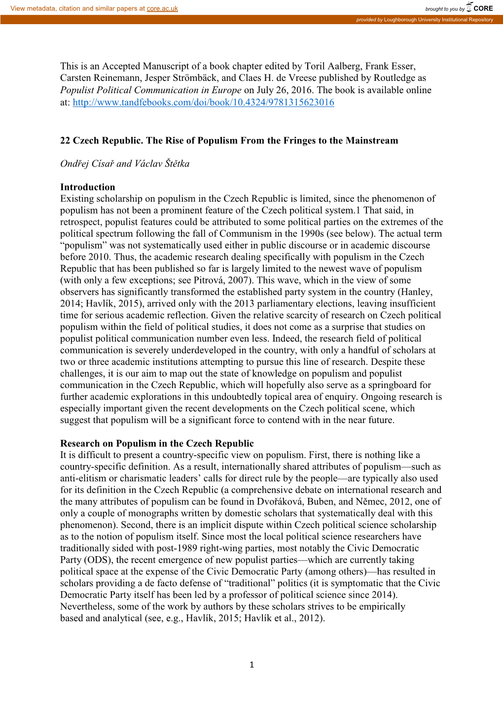 This Is an Accepted Manuscript of a Book Chapter Edited by Toril Aalberg, Frank Esser, Carsten Reinemann, Jesper Strömbäck, and Claes H