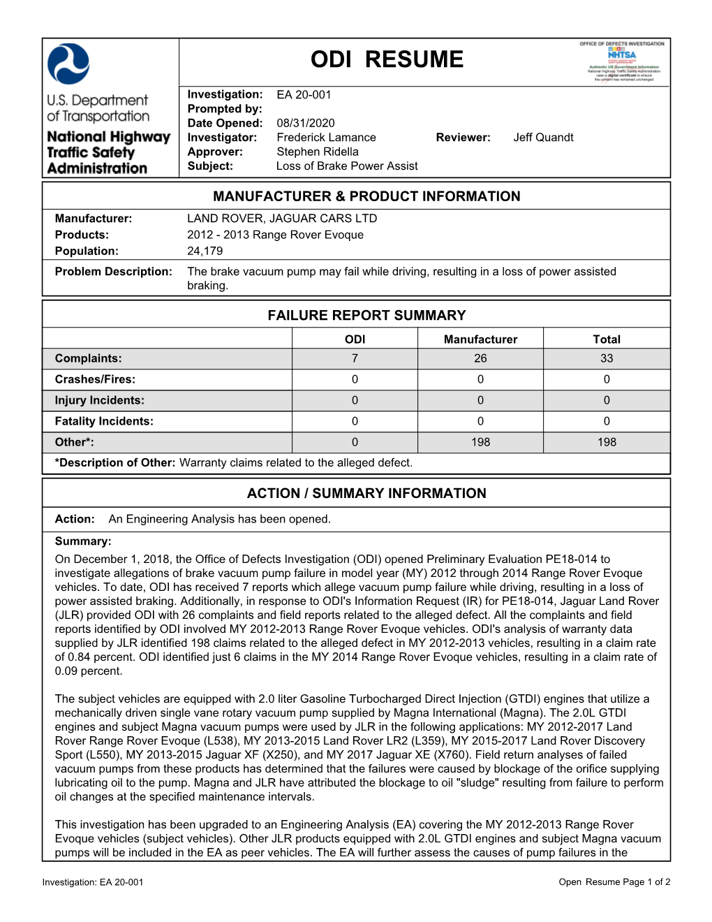 DOT NHTSA ODI Document