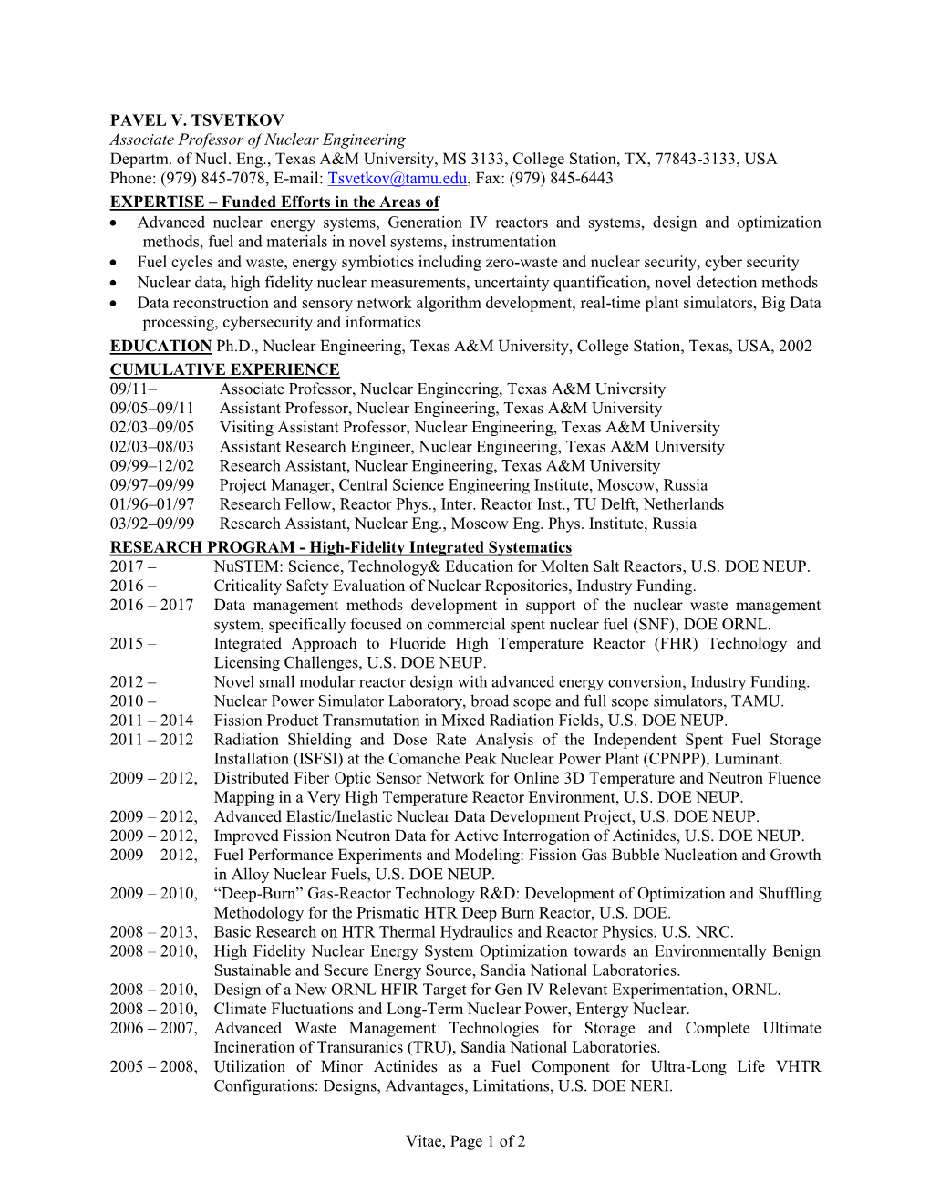 Vitae, Page 1 of 2 PAVEL V. TSVETKOV Associate Professor of Nuclear Engineering Departm. of Nucl. Eng., Texas A&M University