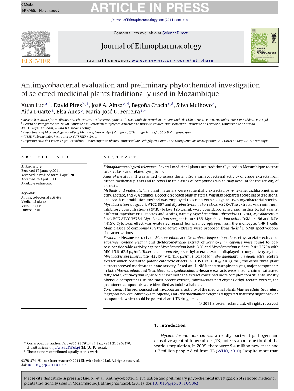 Antimycobacterial Evaluation and Preliminary Phytochemical Investigation of Selected Medicinal Plants Traditionally Used in Mozambique