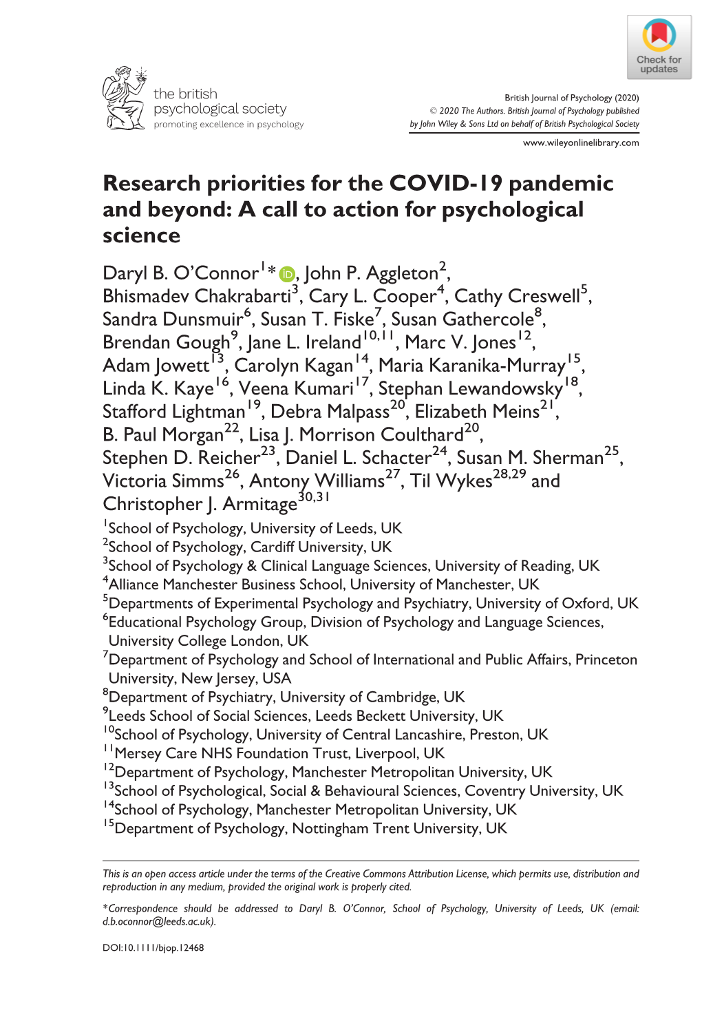 Research Priorities for the COVID‐19 Pandemic and Beyond: a Call To