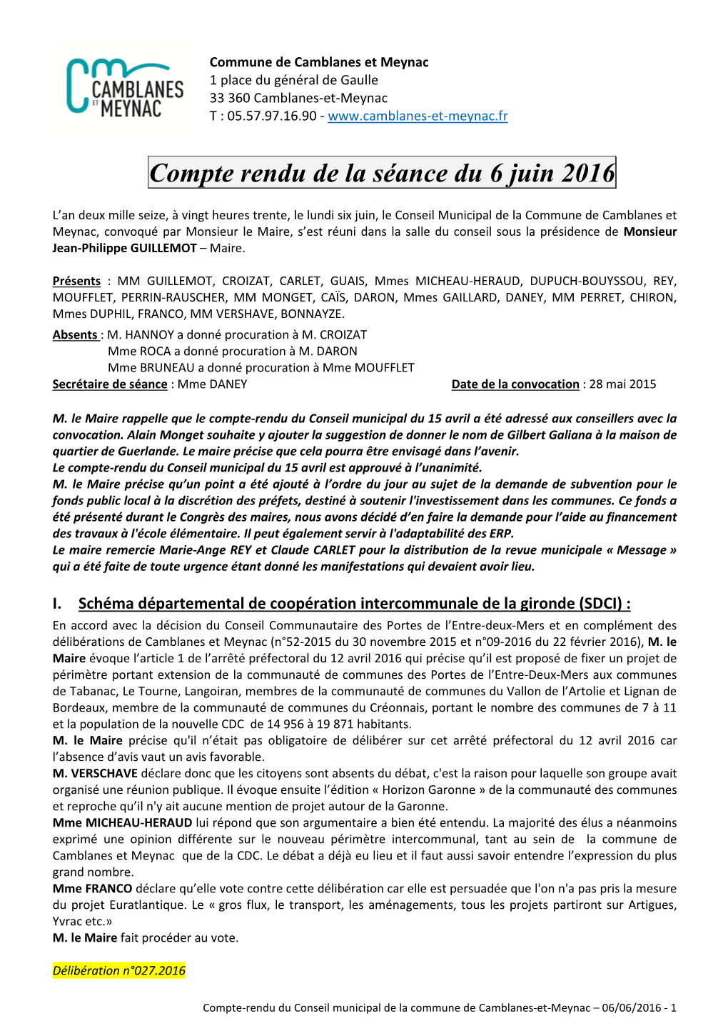 Compte Rendu De La Séance Du 6 Juin 2016