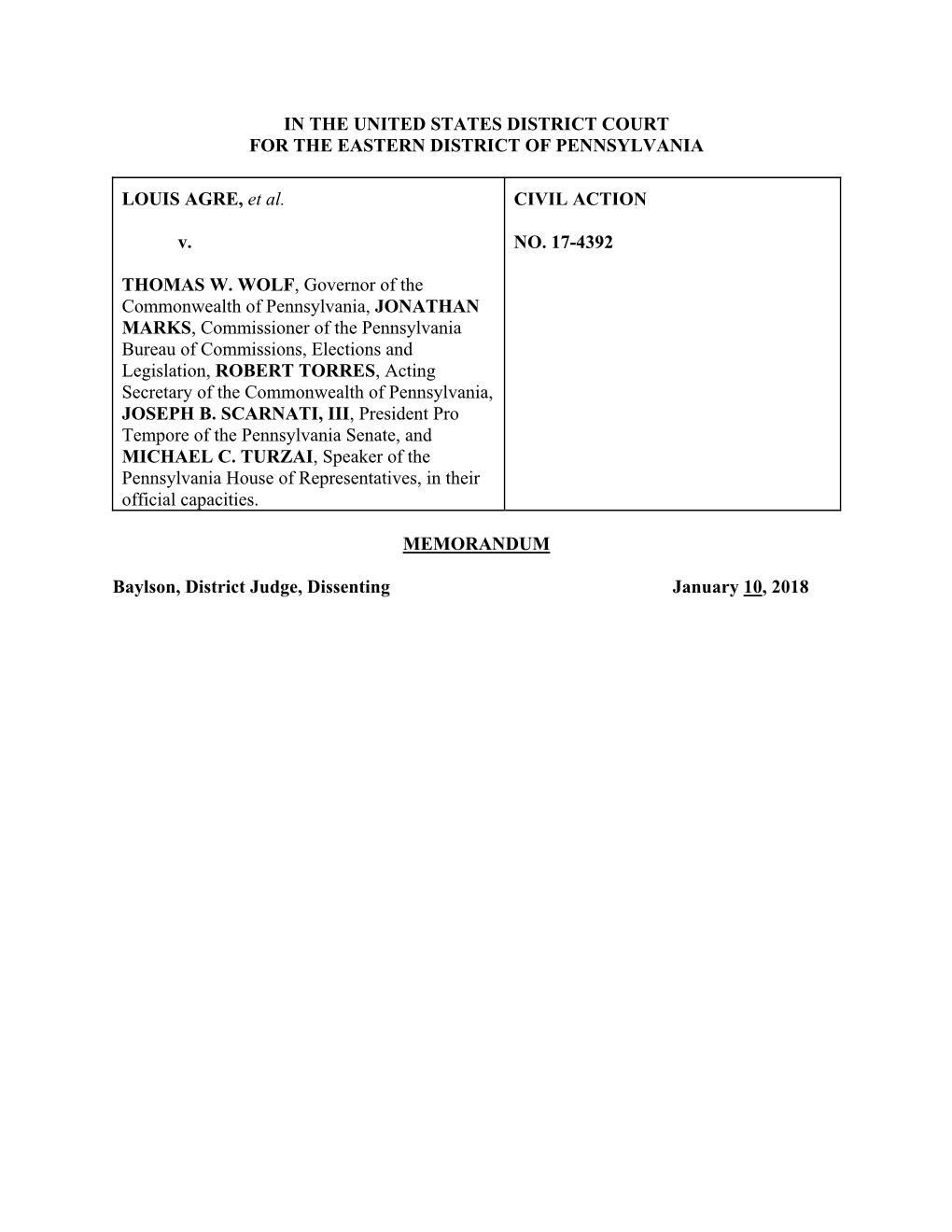 IN the UNITED STATES DISTRICT COURT for the EASTERN DISTRICT of PENNSYLVANIA LOUIS AGRE, Et Al. V. THOMAS W. WOLF, Governor