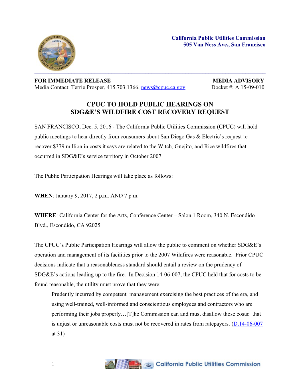 For Immediate Release Media Advisory