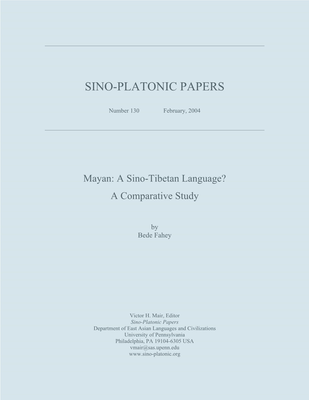 Mayan: a Sino-Tibetan Language? a Comparative Study