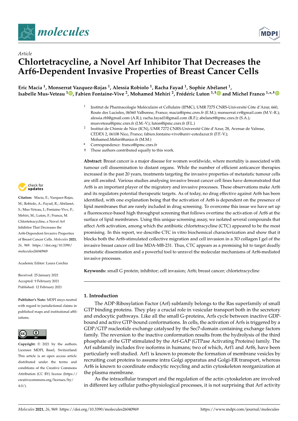 Chlortetracycline, a Novel Arf Inhibitor That Decreases the Arf6-Dependent Invasive Properties of Breast Cancer Cells