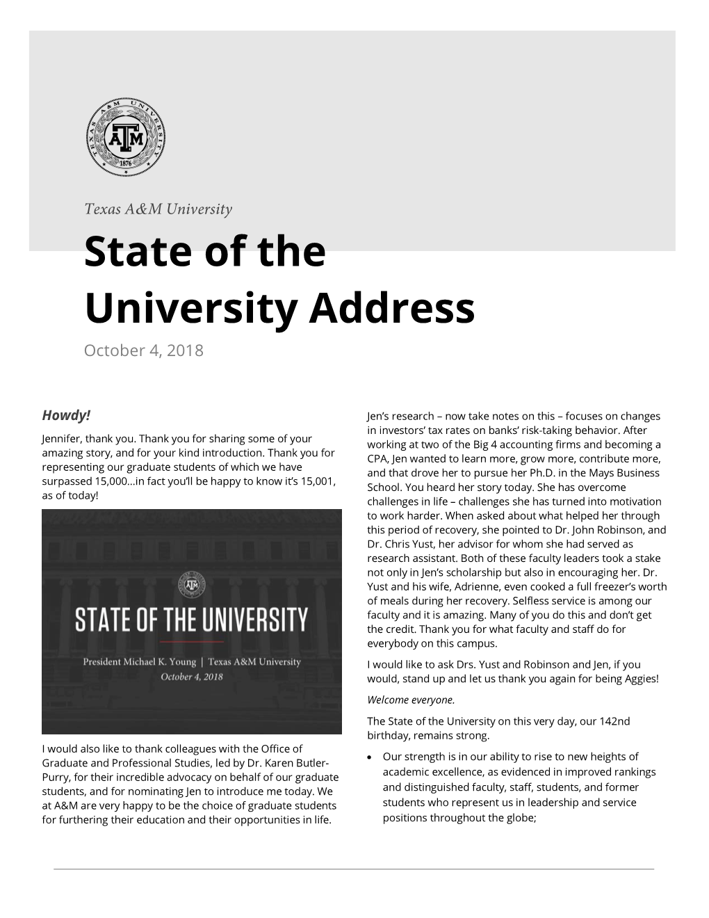 State of the University Address October 4, 2018