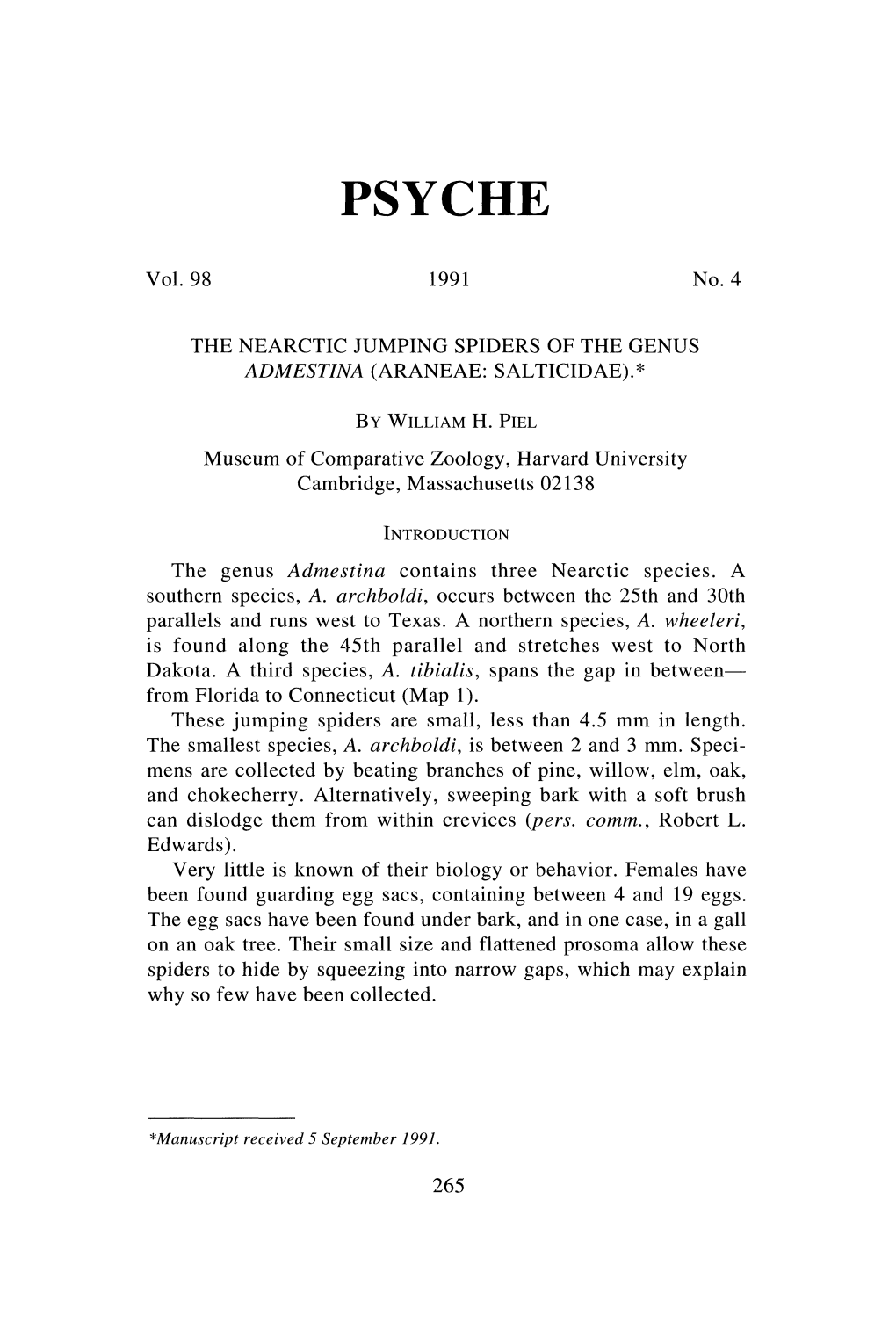 The Nearctic Jumping Spiders of the Genus Admestina (Araneae: Salticidae).*