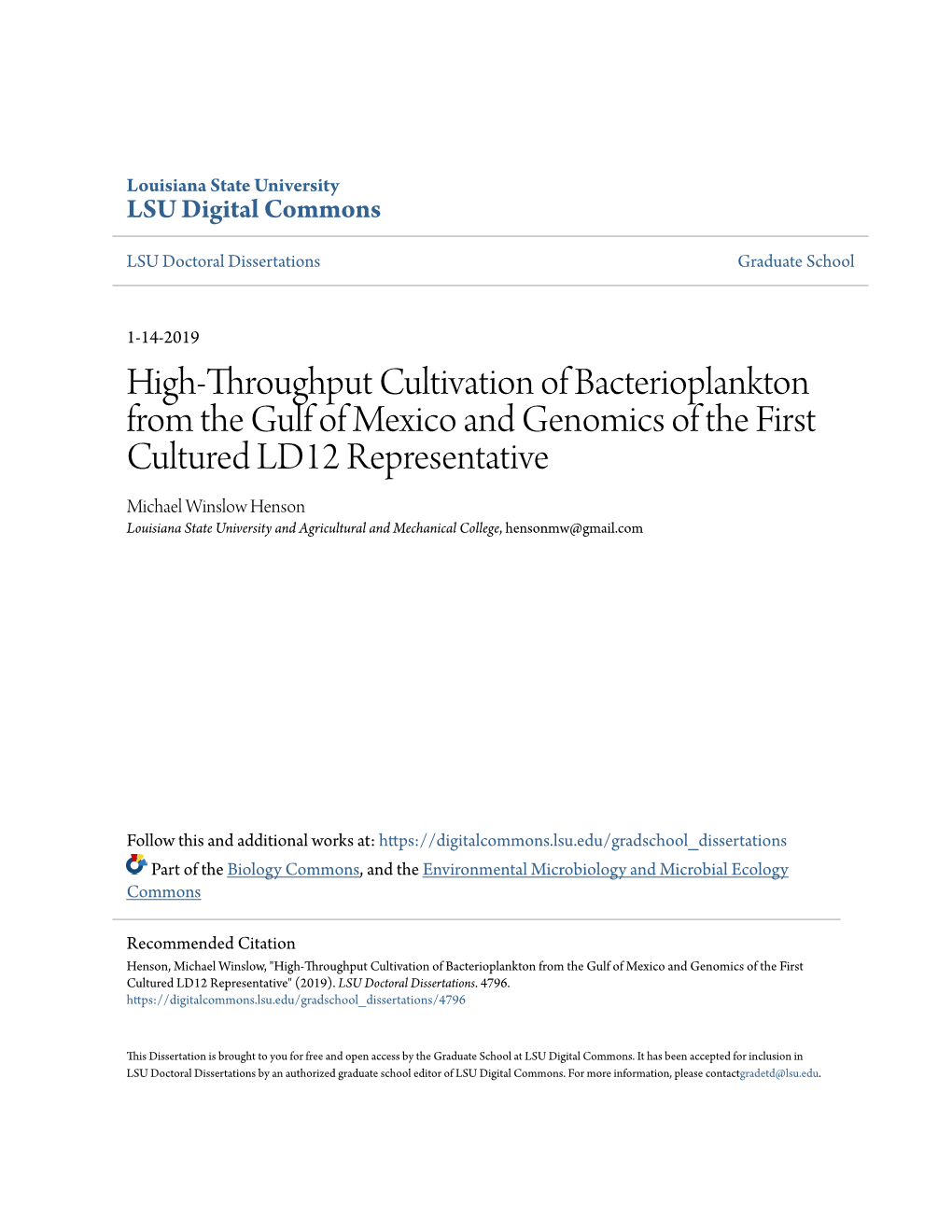 High-Throughput Cultivation of Bacterioplankton from the Gulf Of