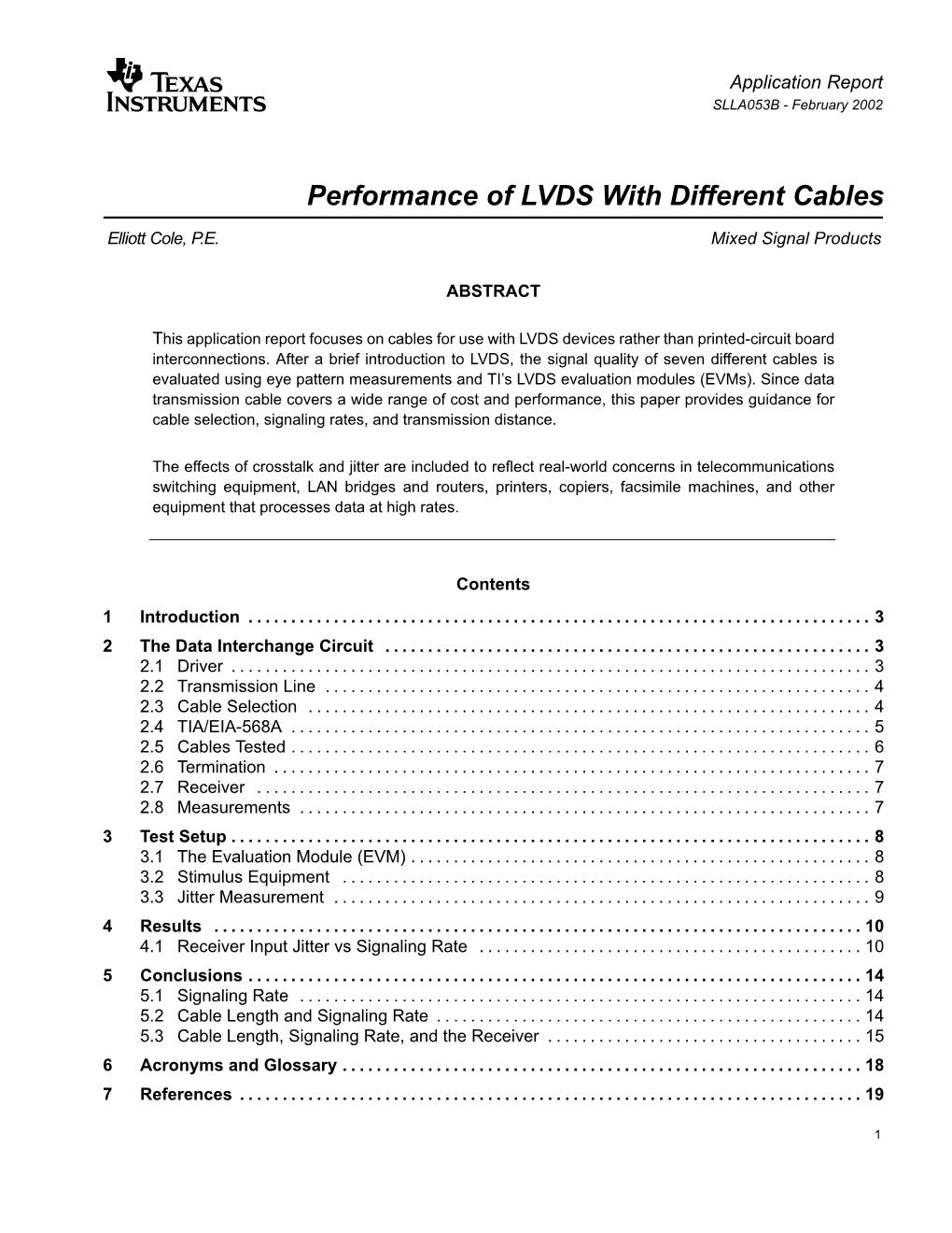 Performance of LVDS with Different Cables