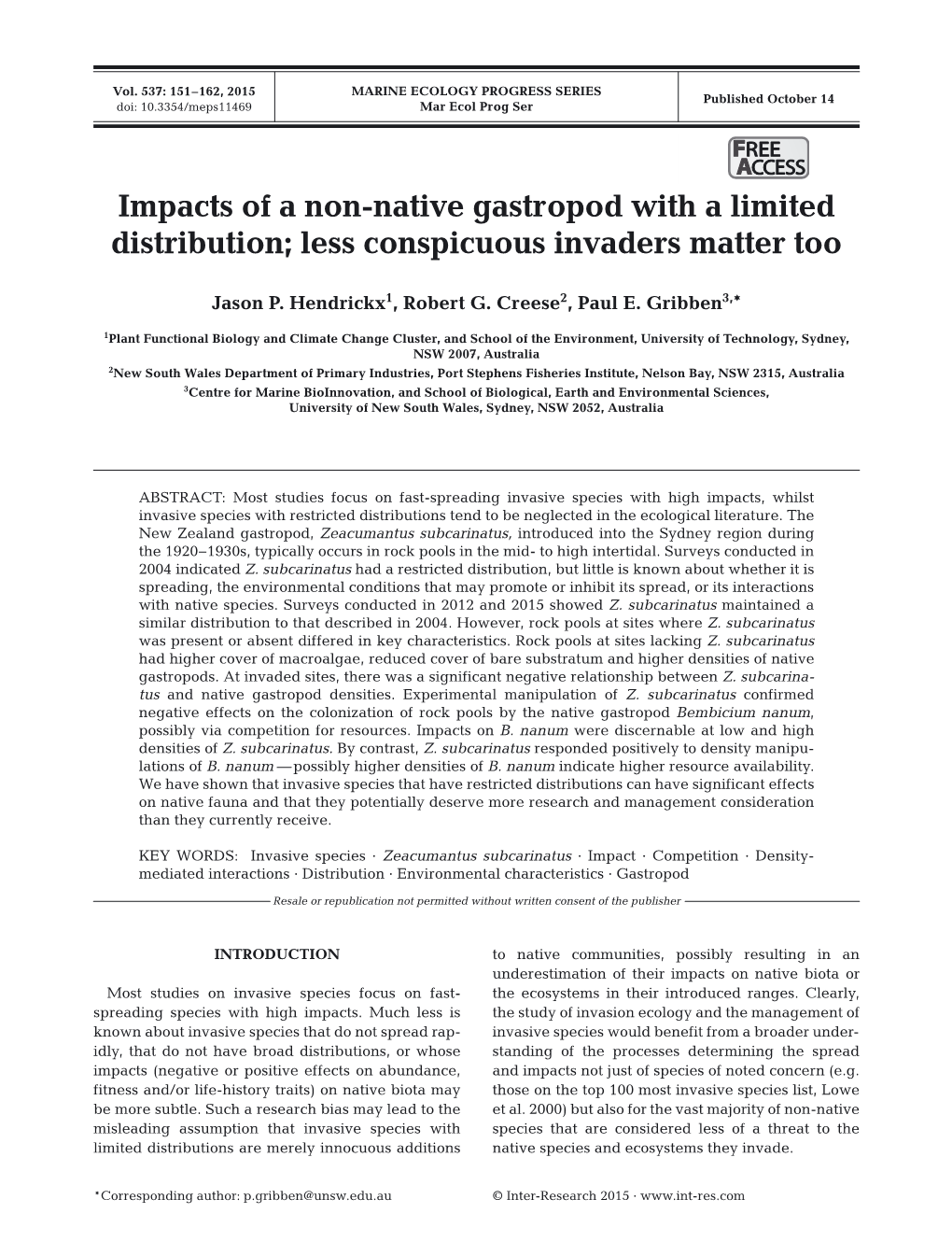 Impacts of a Non-Native Gastropod with a Limited Distribution; Less Conspicuous Invaders Matter Too