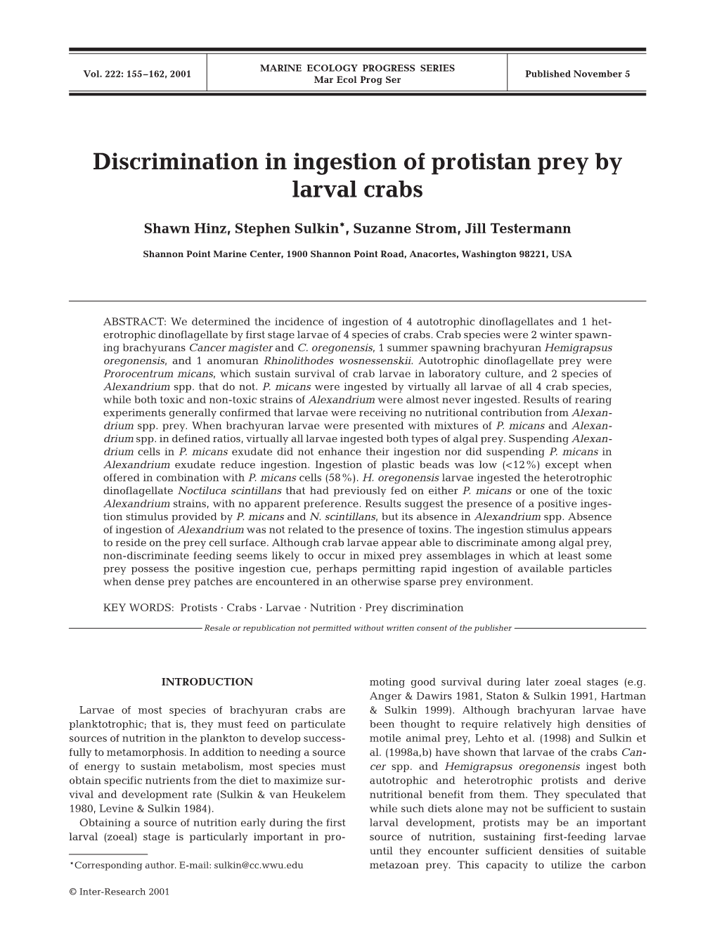 Discrimination in Ingestion of Protistan Prey by Larval Crabs