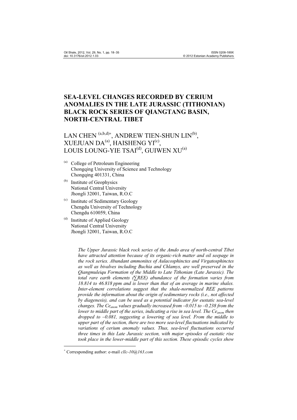 Sea-Level Changes Recorded by Cerium Anomalies in the Late Jurassic (Tithonian) Black Rock Series of Qiangtang Basin, North-Central Tibet