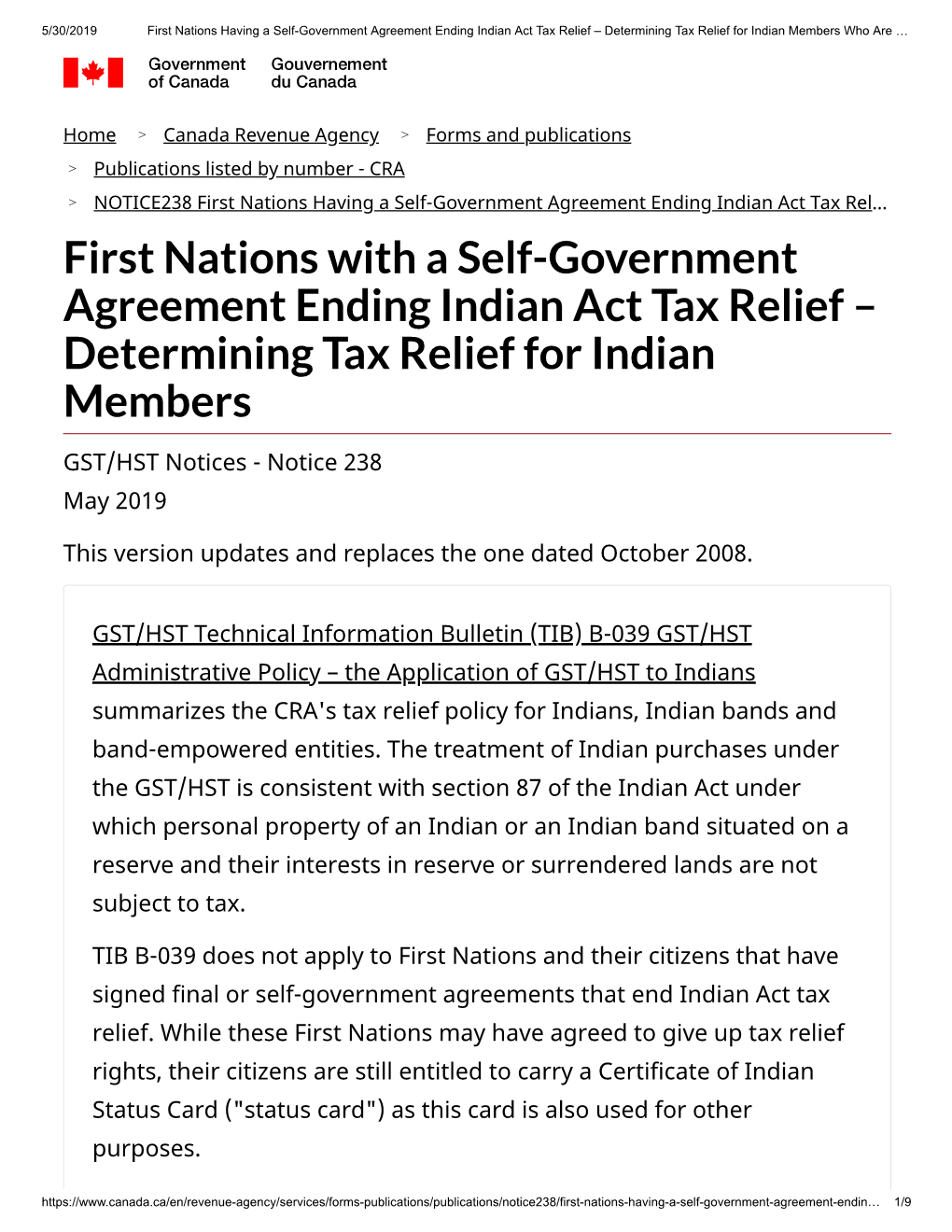 First Nations with a Self-Government Agreement Ending Indian Act Tax Relief – Determining Tax Relief for Indian Members