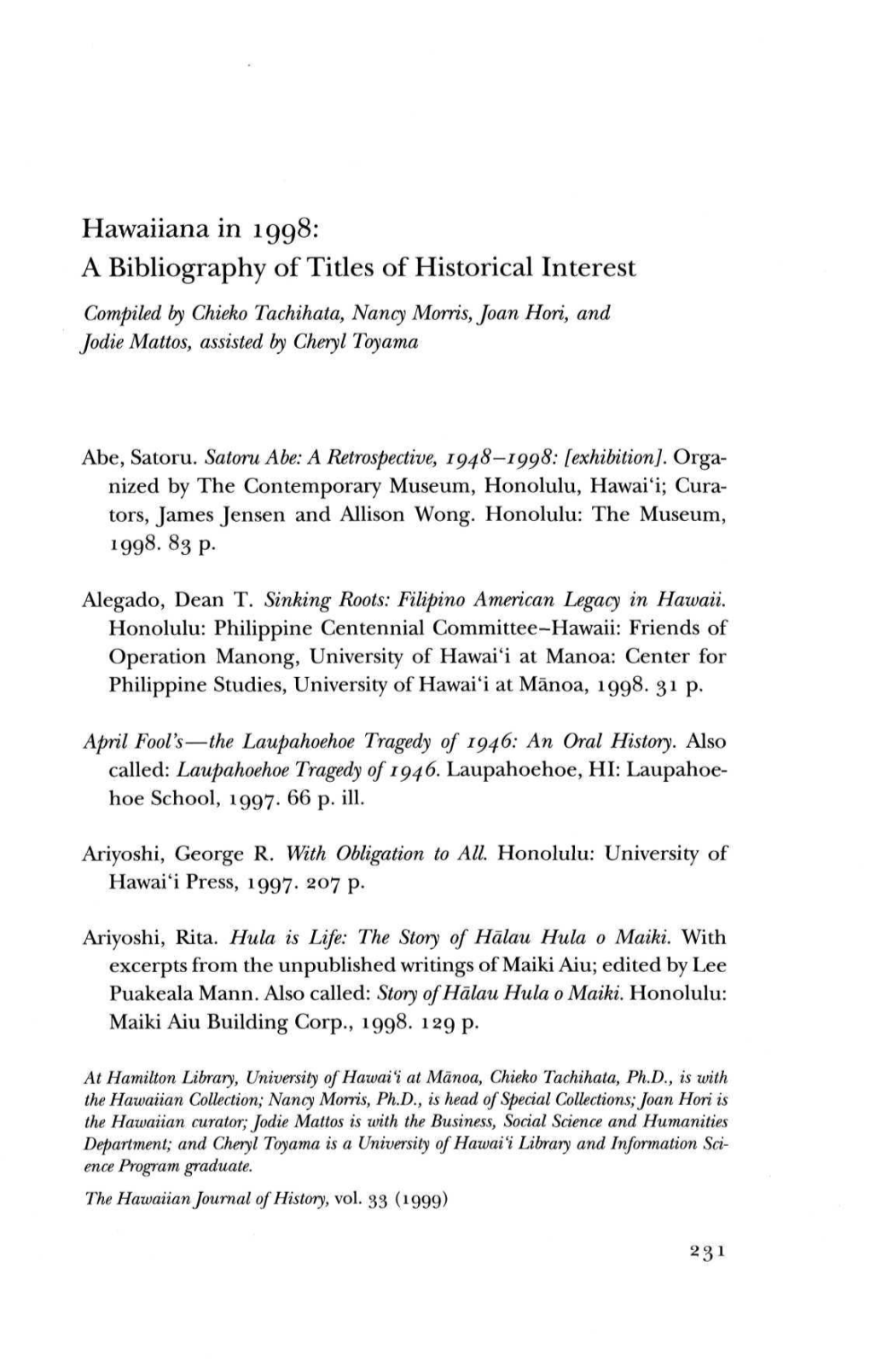 Hawaiiana in 1998: a Bibliography of Titles of Historical Interest