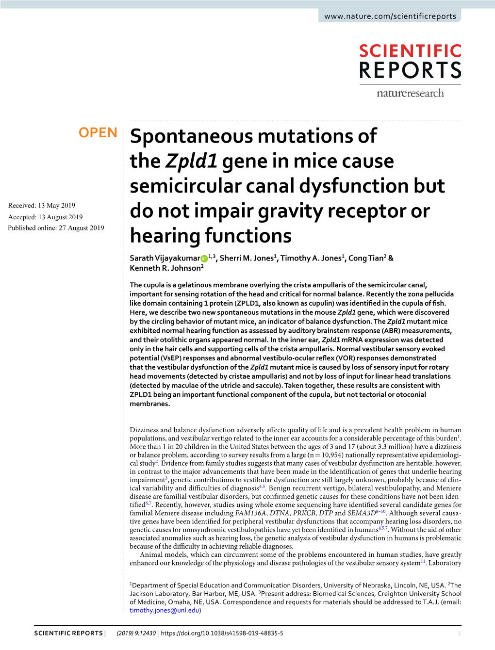 Spontaneous Mutations of the Zpld1 Gene in Mice Cause Semicircular