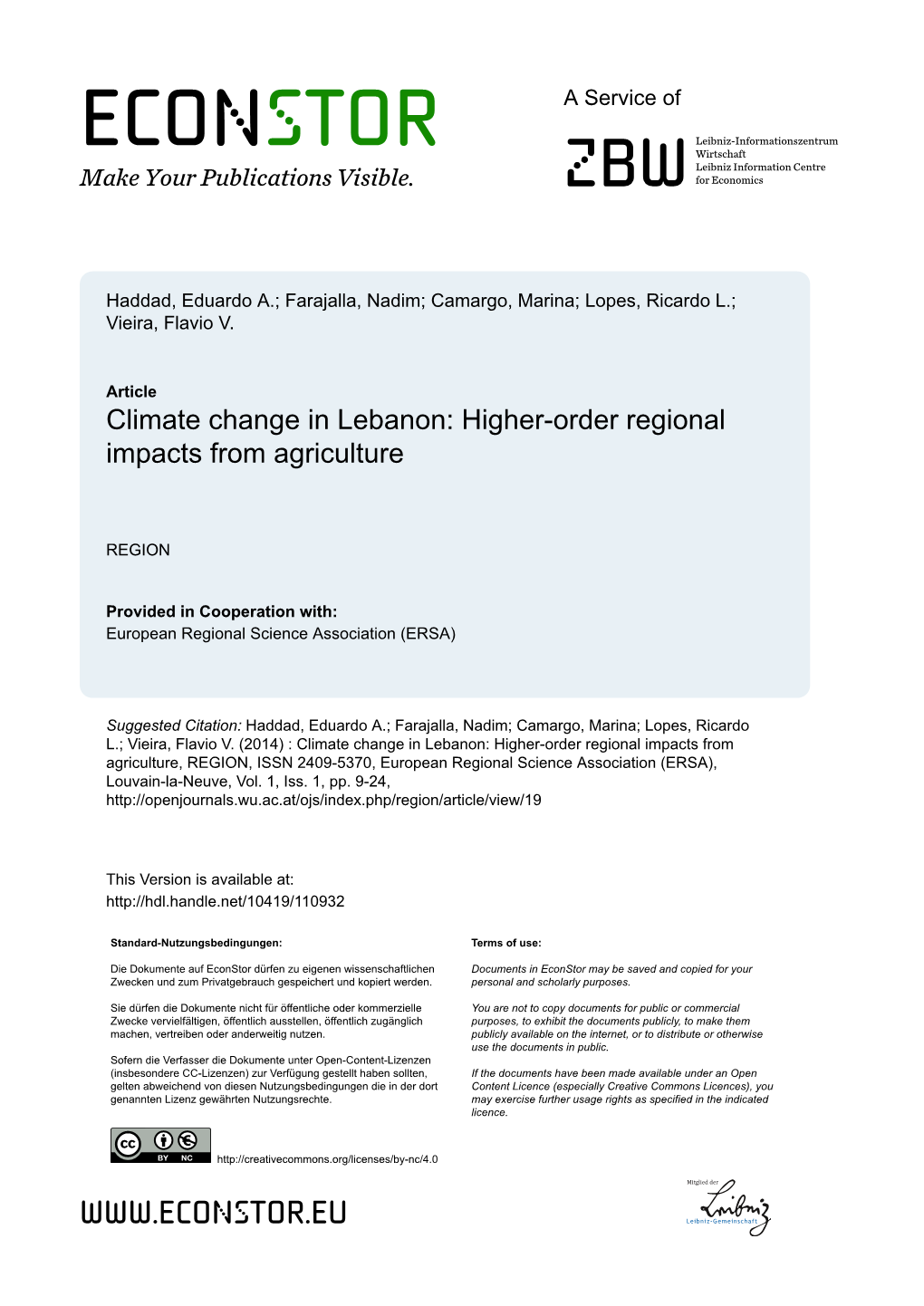 Climate Change in Lebanon: Higher-Order Regional Impacts from Agriculture