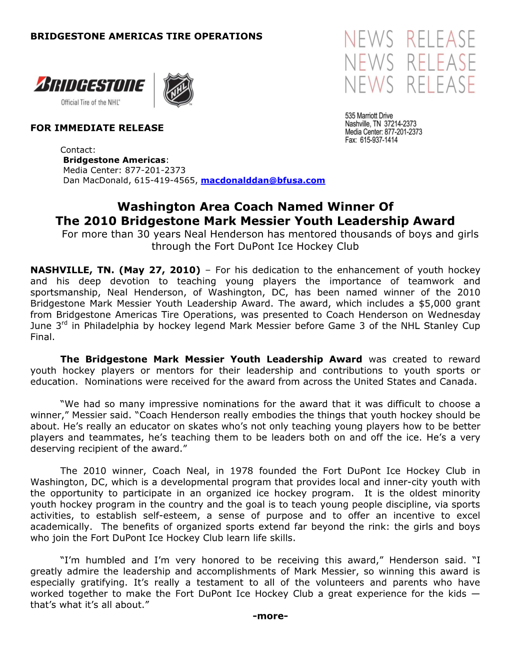 Bridgestone Mark Messier Youth Leadership Award