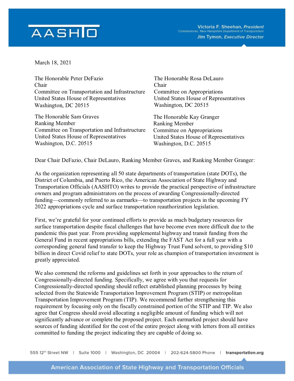 AASHTO Letter to House T&I and Appropriations Committees On