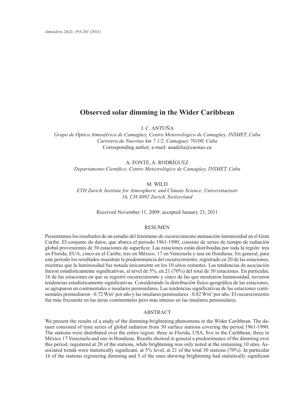 Observed Solar Dimming in the Wider Caribbean