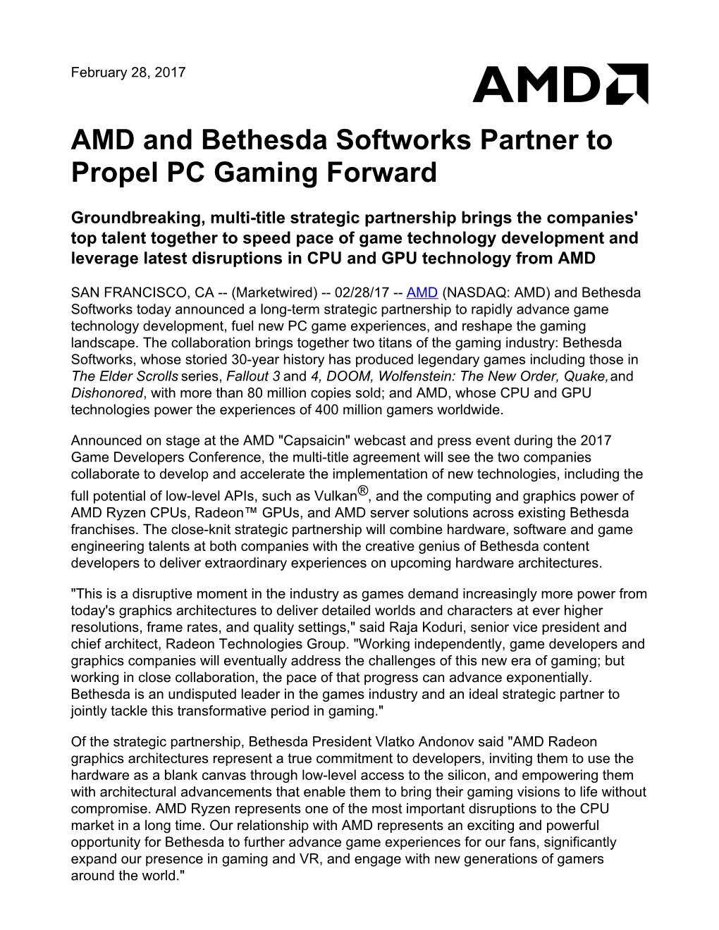 AMD and Bethesda Softworks Partner to Propel PC Gaming Forward