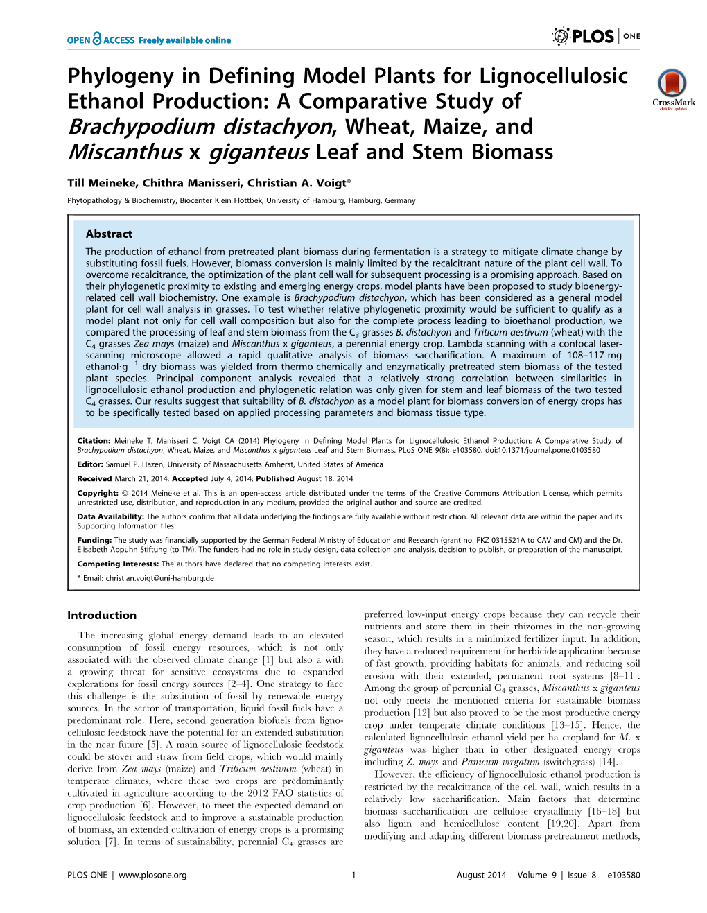 Brachypodium Distachyon, Wheat, Maize, and Miscanthus X Giganteus Leaf and Stem Biomass