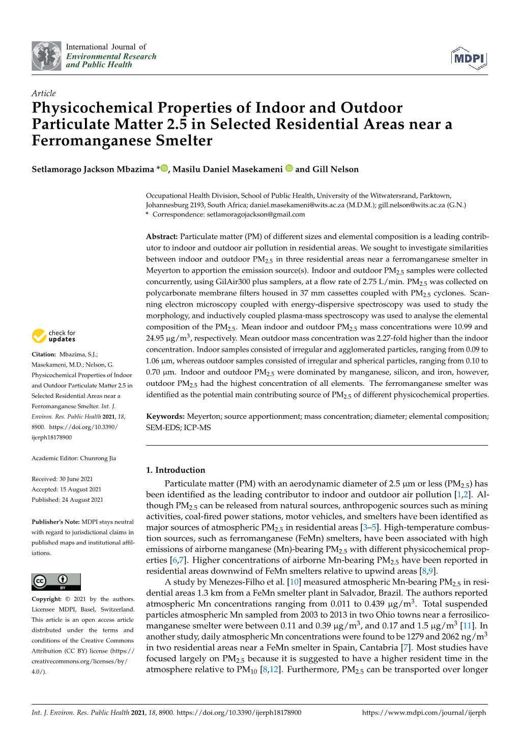 Physicochemical Properties of Indoor and Outdoor Particulate Matter 2.5 in Selected Residential Areas Near a Ferromanganese Smelter