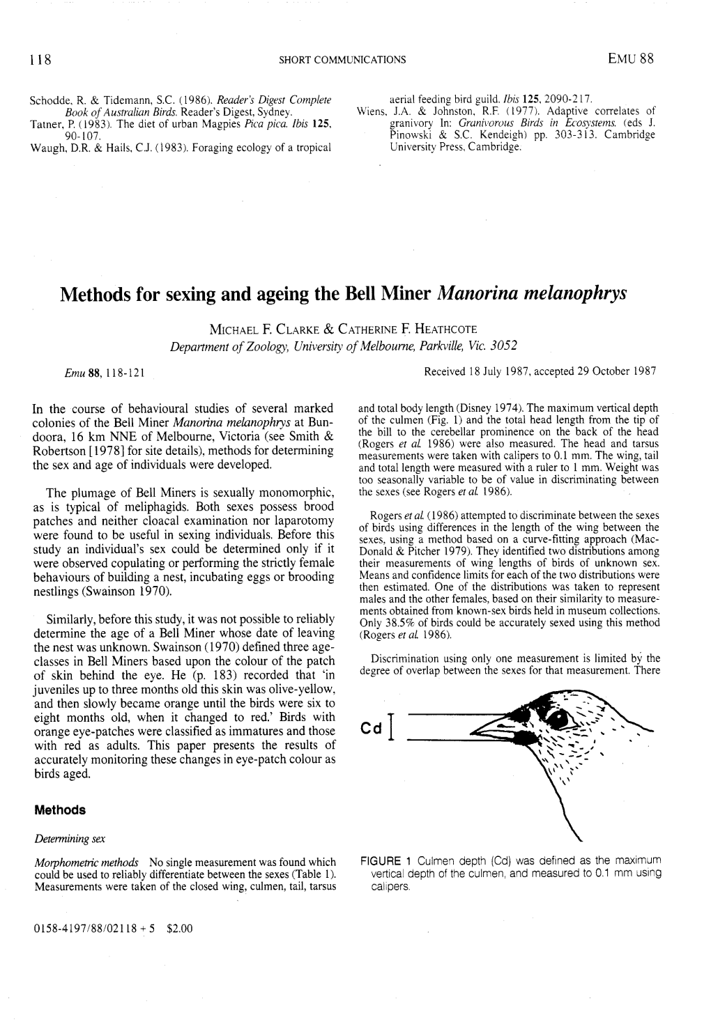 Methods for Sexing and Ageing the Bell Miner Manorina Melanophrys