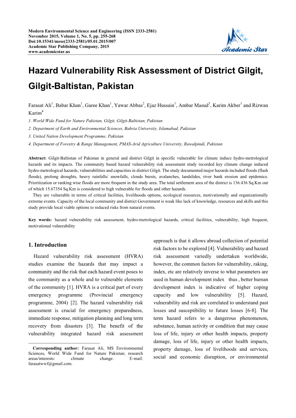 Hazard Vulnerability Risk Assessment of District Gilgit, Gilgit-Baltistan, Pakistan