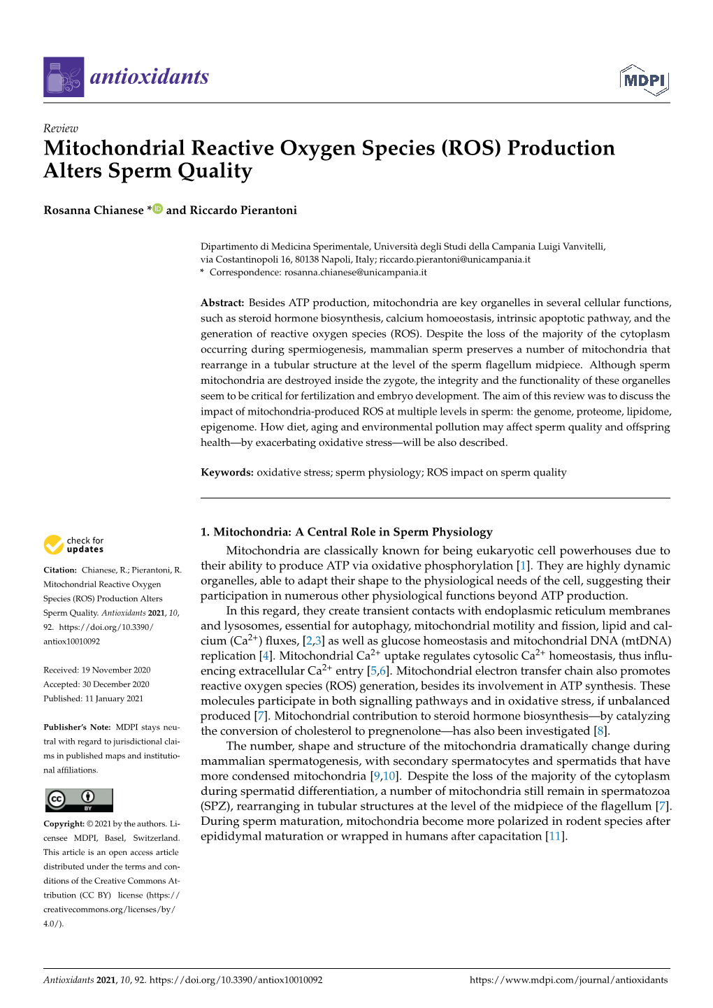 Mitochondrial Reactive Oxygen Species (ROS) Production Alters Sperm Quality