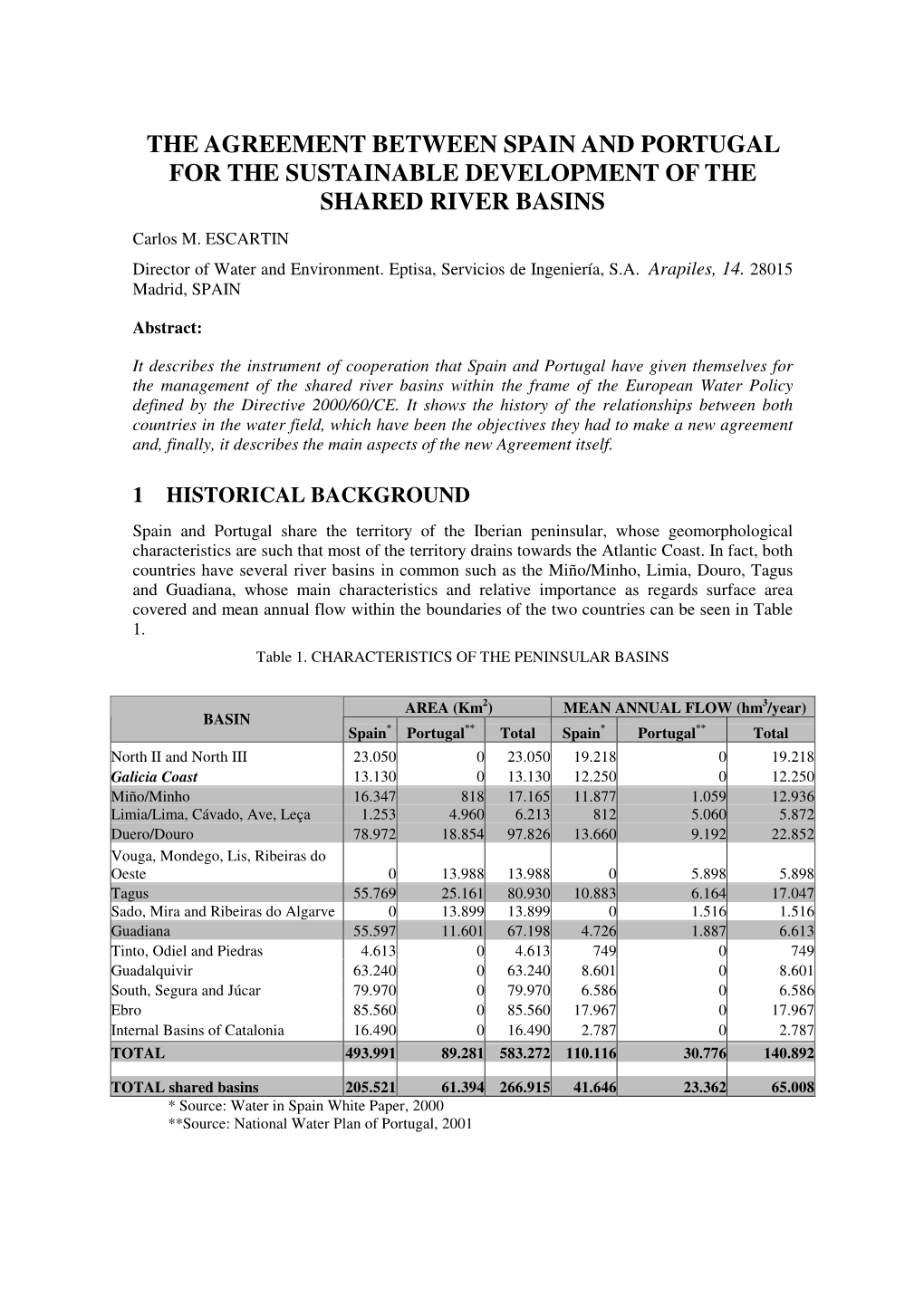 THE AGREEMENT BETWEEN SPAIN and PORTUGAL for the SUSTAINABLE DEVELOPMENT of the SHARED RIVER BASINS Carlos M