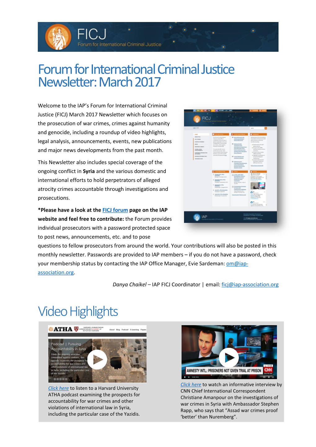 Forum for International Criminal Justice Newsletter: March 2017