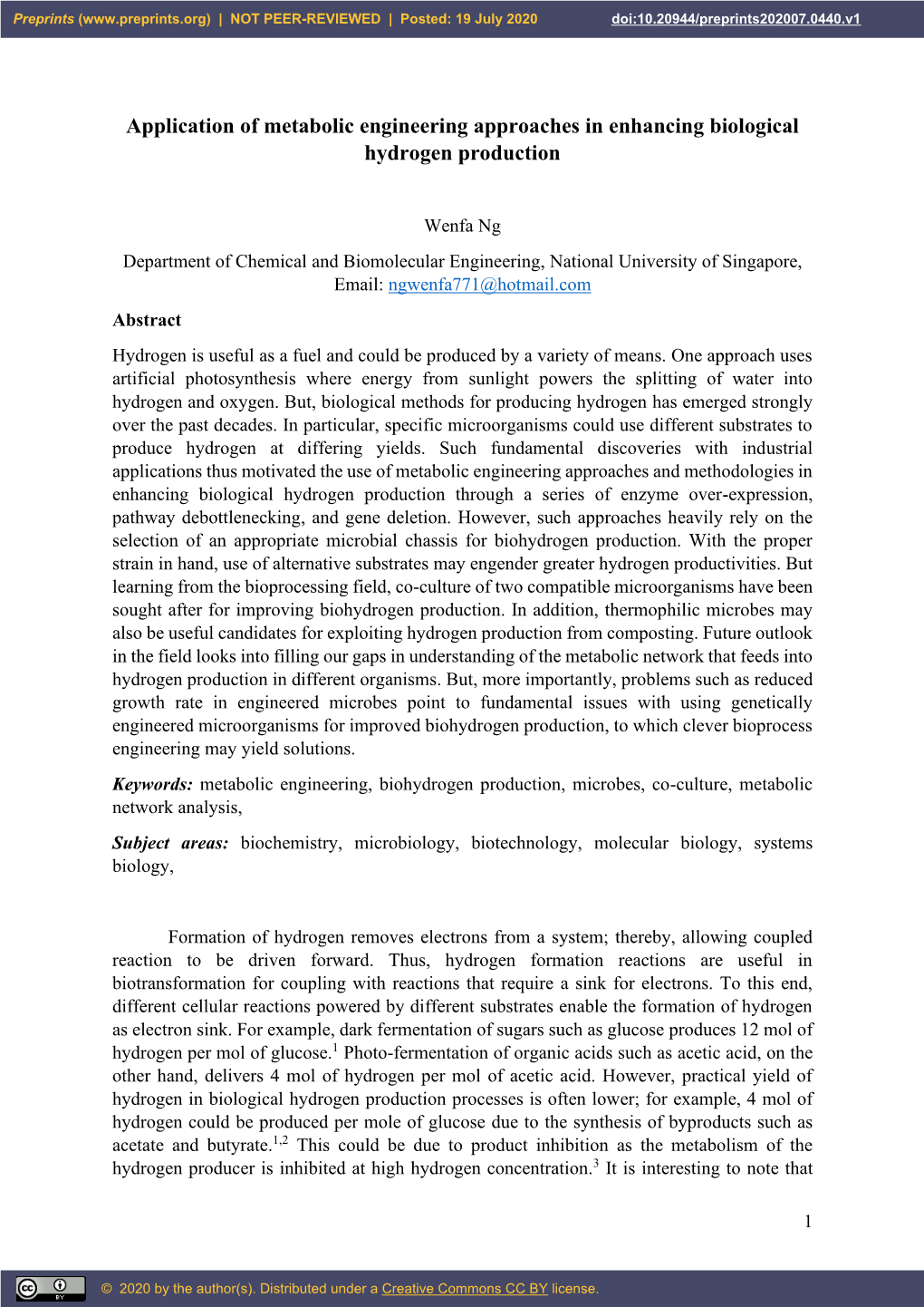 Application of Metabolic Engineering Approaches in Enhancing Biological Hydrogen Production