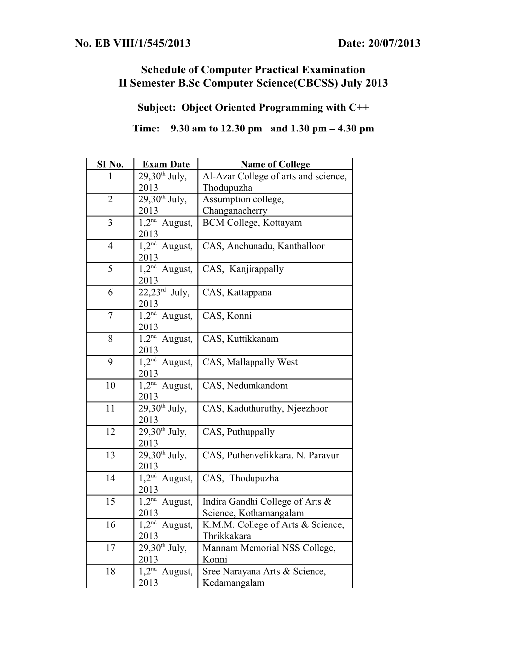 Schedule of Computer Practical Examination