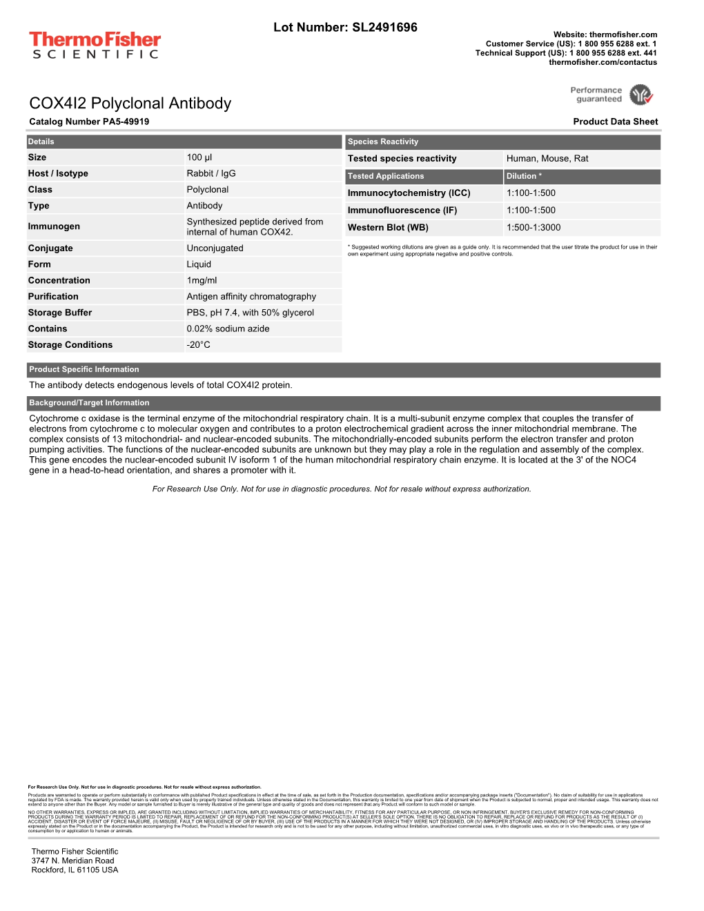 COX4I2 Polyclonal Antibody Catalog Number PA5-49919 Product Data Sheet