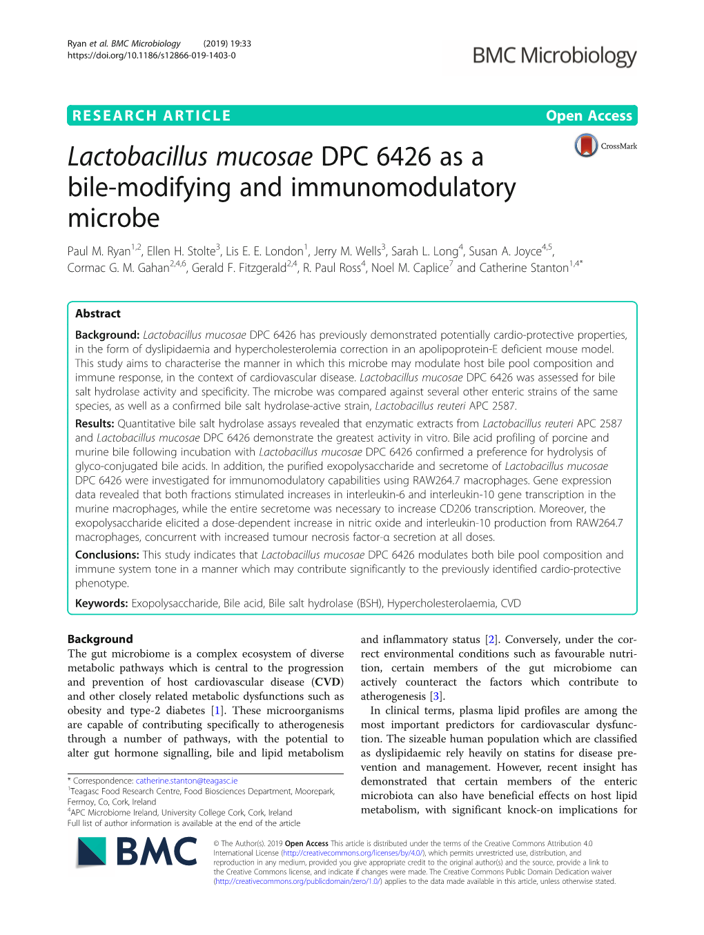 Lactobacillus Mucosae DPC 6426 As a Bile-Modifying and Immunomodulatory Microbe Paul M