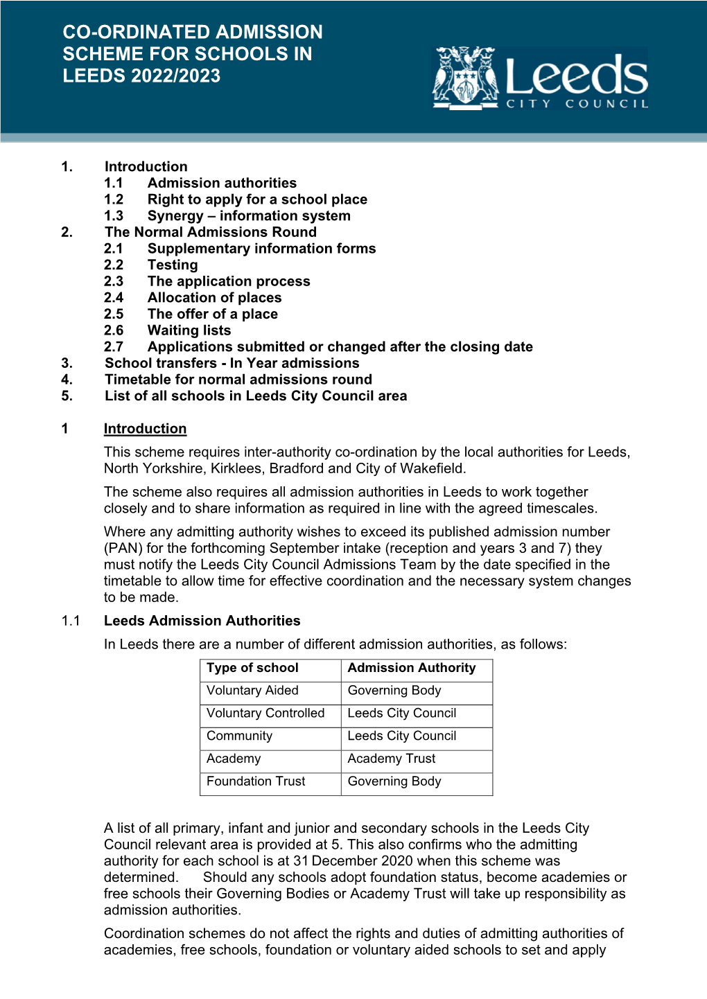 Co-Ordinated Admission Scheme for Schools in Leeds 2022/2023