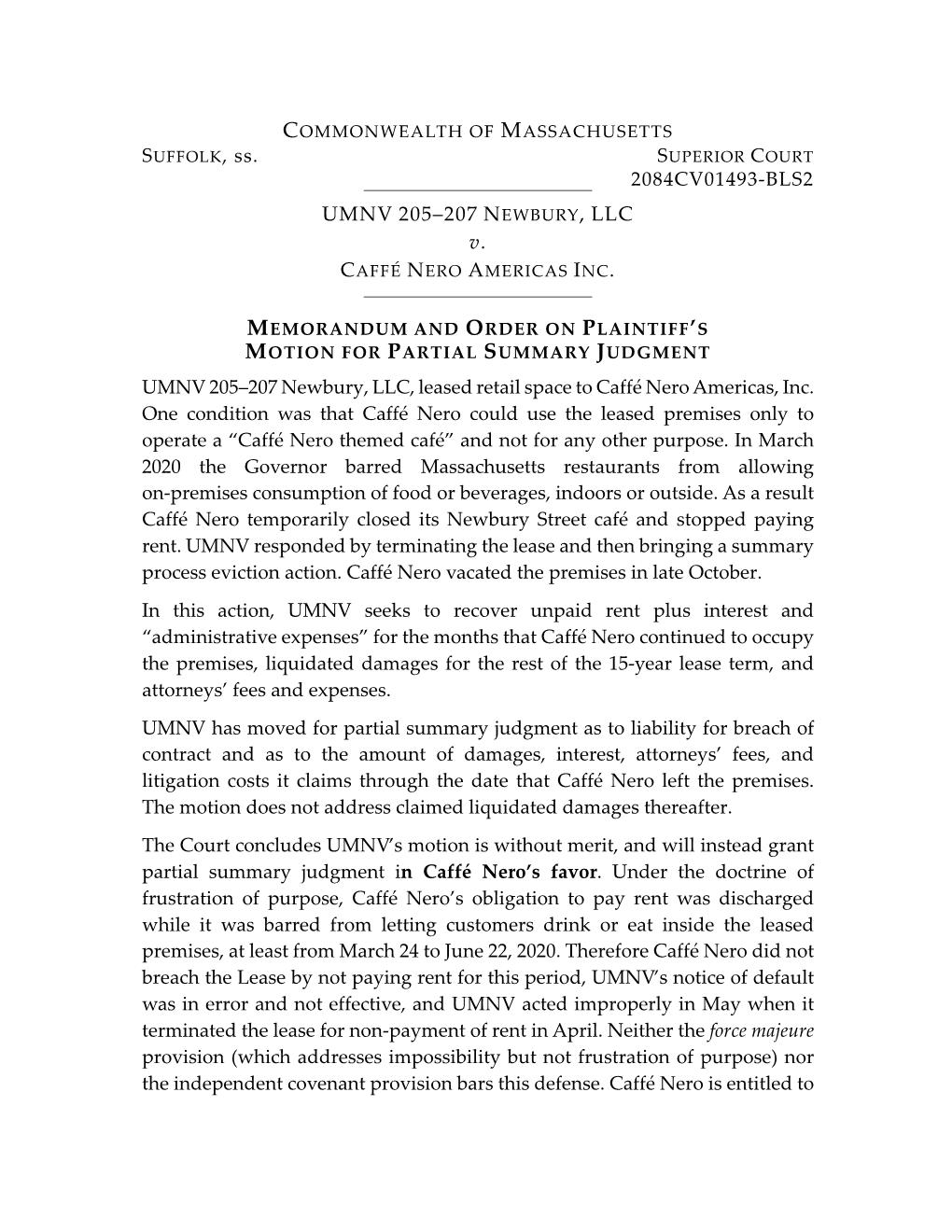 UMNV 205-207 Newbury LLC V Caffe Nero Americas, Inc