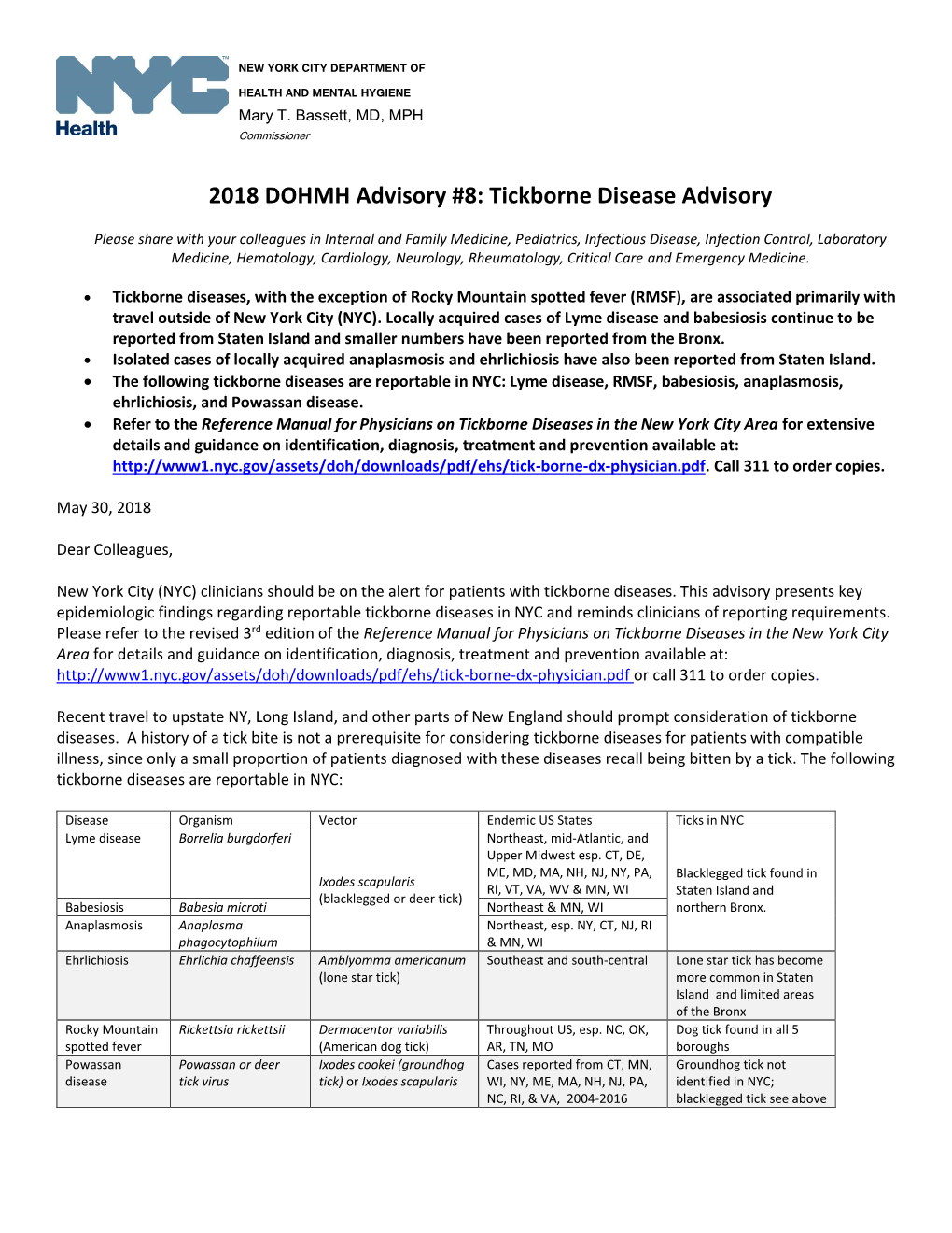 2018 DOHMH Advisory #8: Tickborne Disease Advisory