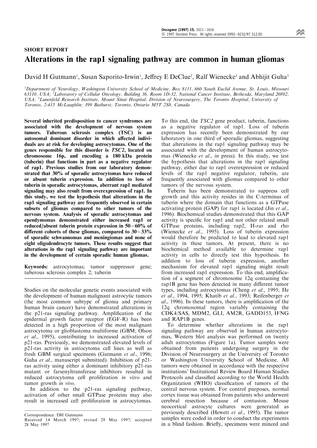 Alterations in the Rap1 Signaling Pathway Are Common in Human Gliomas