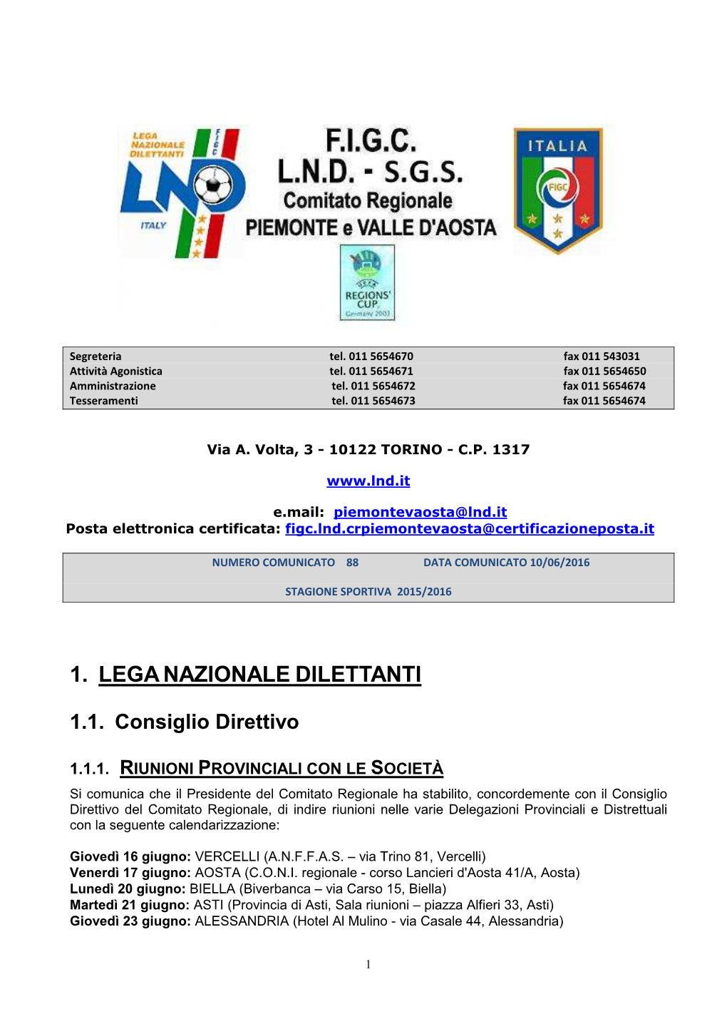 COMUNICATO UFFICIALE N. 88