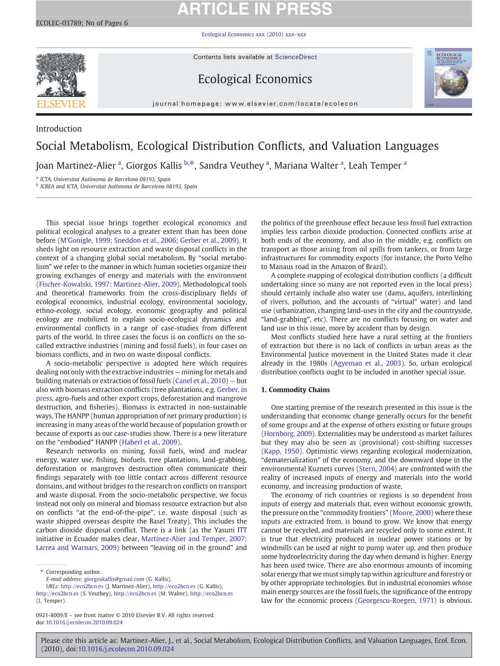 Social Metabolism, Ecological Distribution Conﬂicts, and Valuation Languages